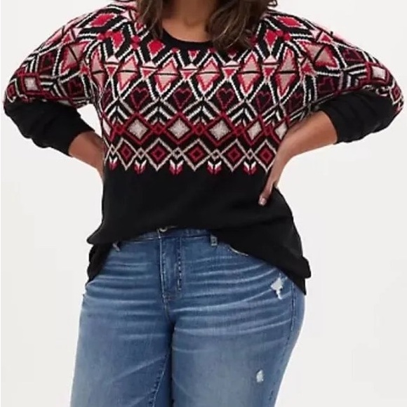 VALENTINE SWEATER! Torrid Pullover Fair Isle. Black, red, pink with hearts. 3X. - Picture 3 of 7